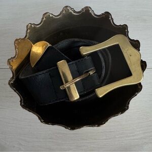 Vintage Black Leather Belt w Solid Brass Buckle